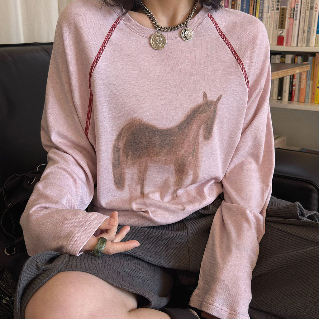 Printed open thread raglan sleeves long sleeved loose T-shirt top