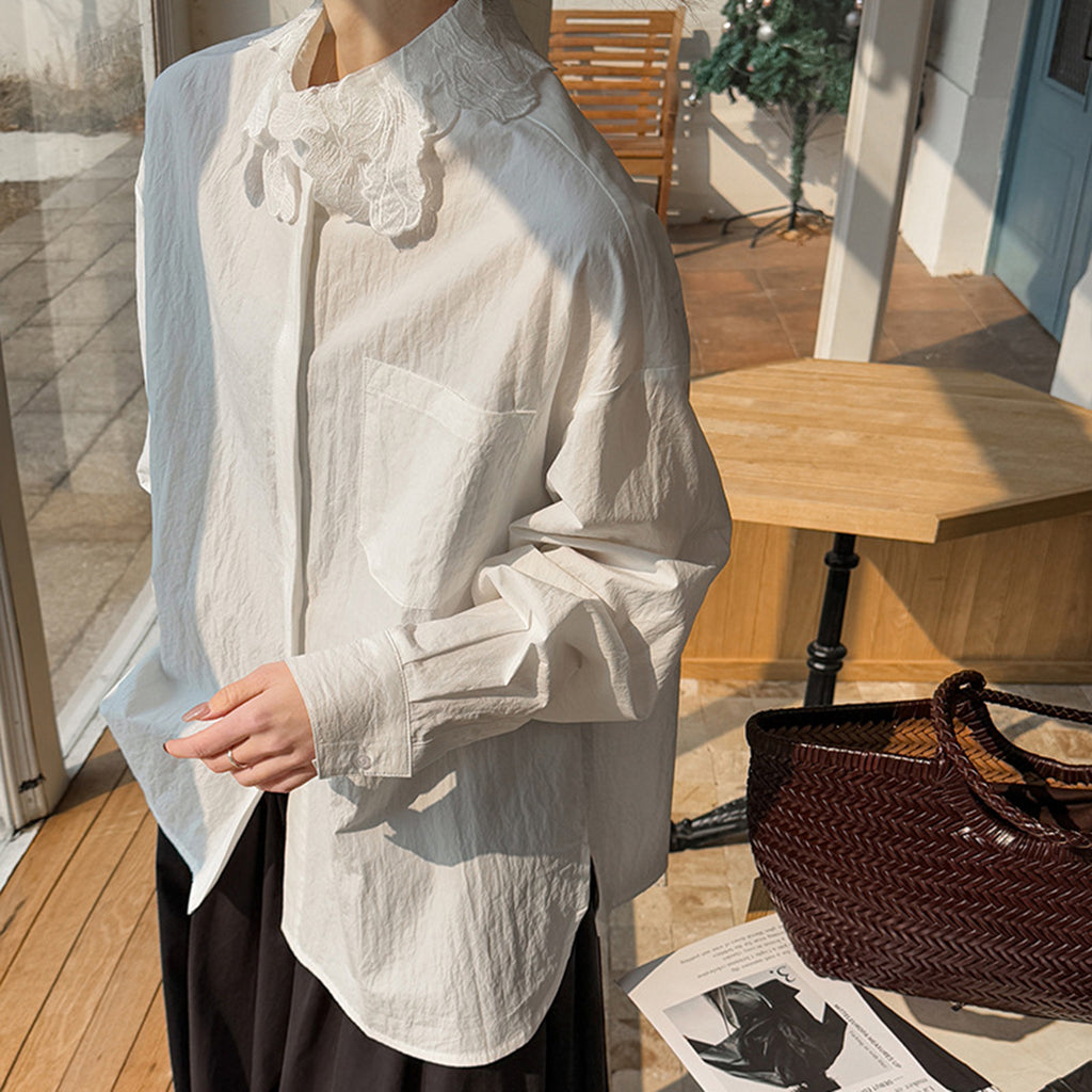 French lace lapel long sleeved button up shirt