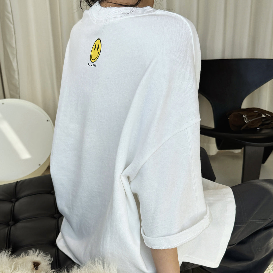 Round neck off shoulder oversized fleece T-shirt short sleeved loose fit top