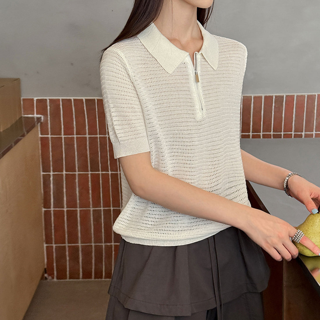 Women’s Half-Zip Hollow Knit Polo Top