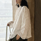 White embroidered cotton blouse loose long sleeve sheer lace shirt women