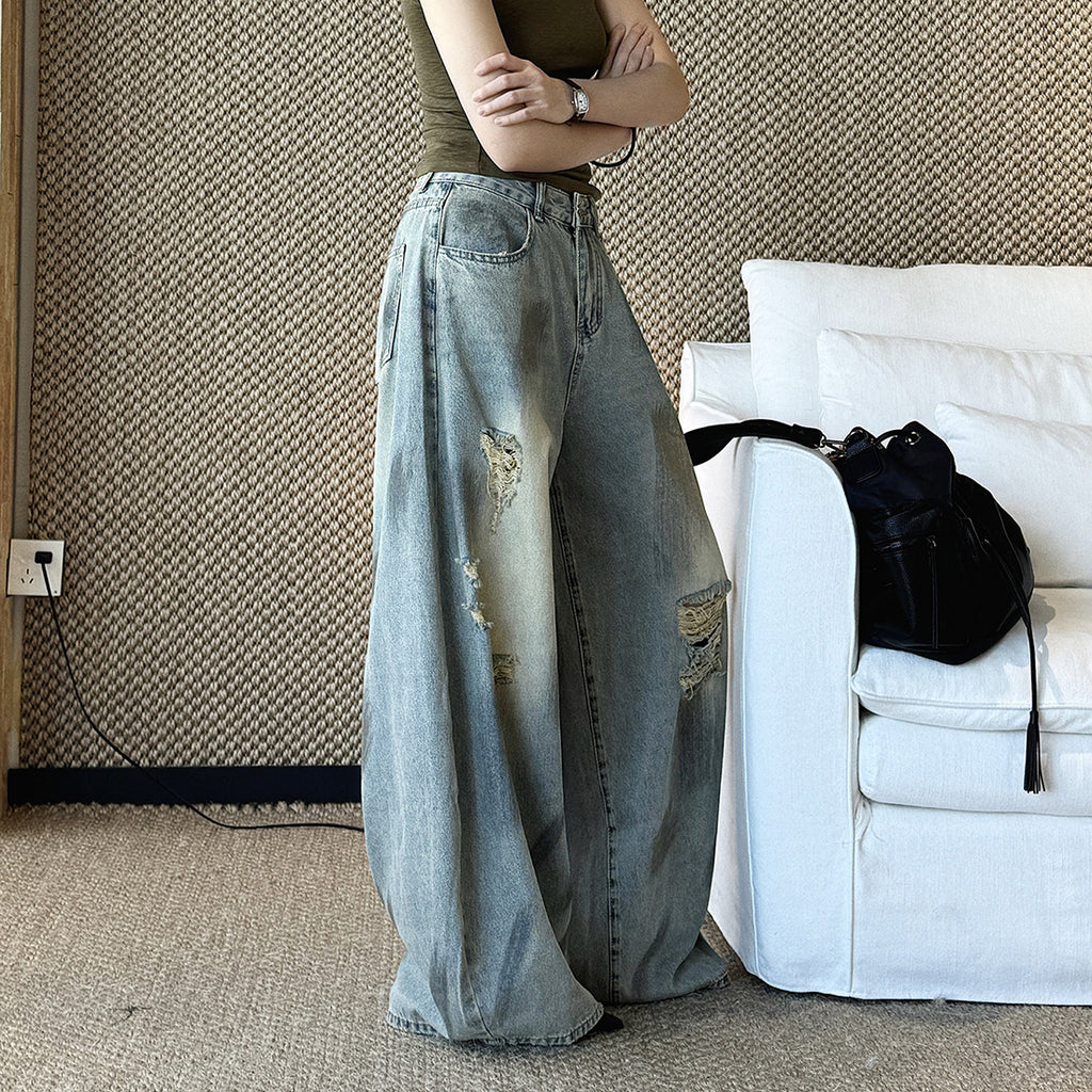 Women’s Vintage Washed Distressed Wide Leg Denim Jeans