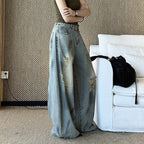 Women’s Vintage Washed Distressed Wide Leg Denim Jeans