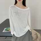 Women’s Star Rhinestone Off-Shoulder Sheer Long-Sleeve Top