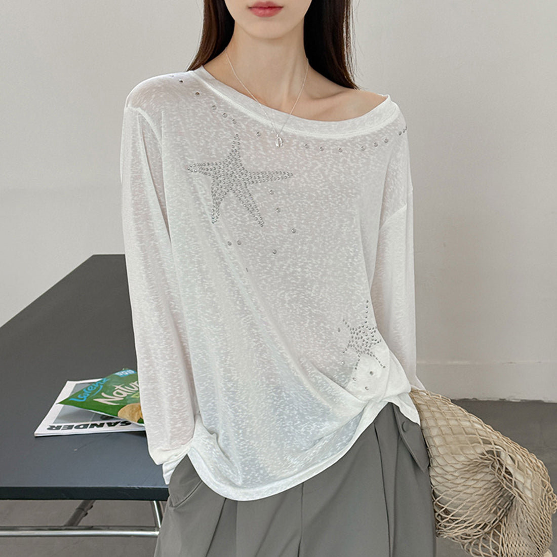 Women’s Star Rhinestone Off-Shoulder Sheer Long-Sleeve Top