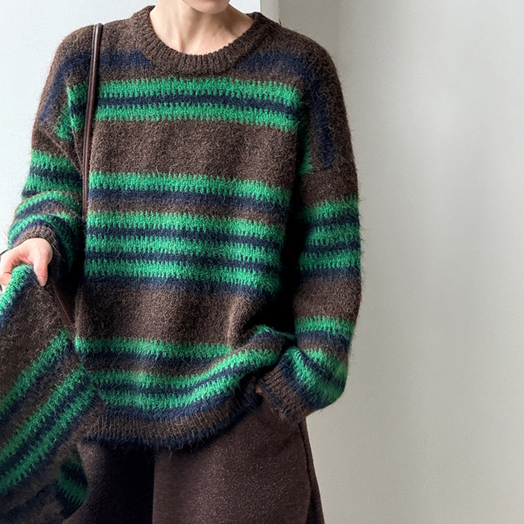 Loose retro contrasting striped sweater with shawl