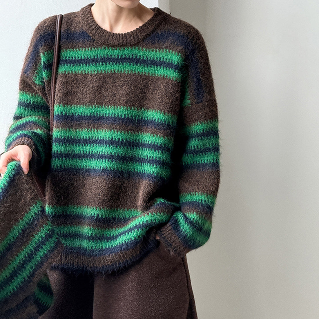 Loose retro contrasting striped sweater with shawl