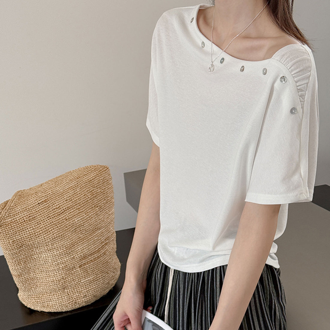 Women’s Asymmetrical Button-Shoulder Short-Sleeve T-Shirt