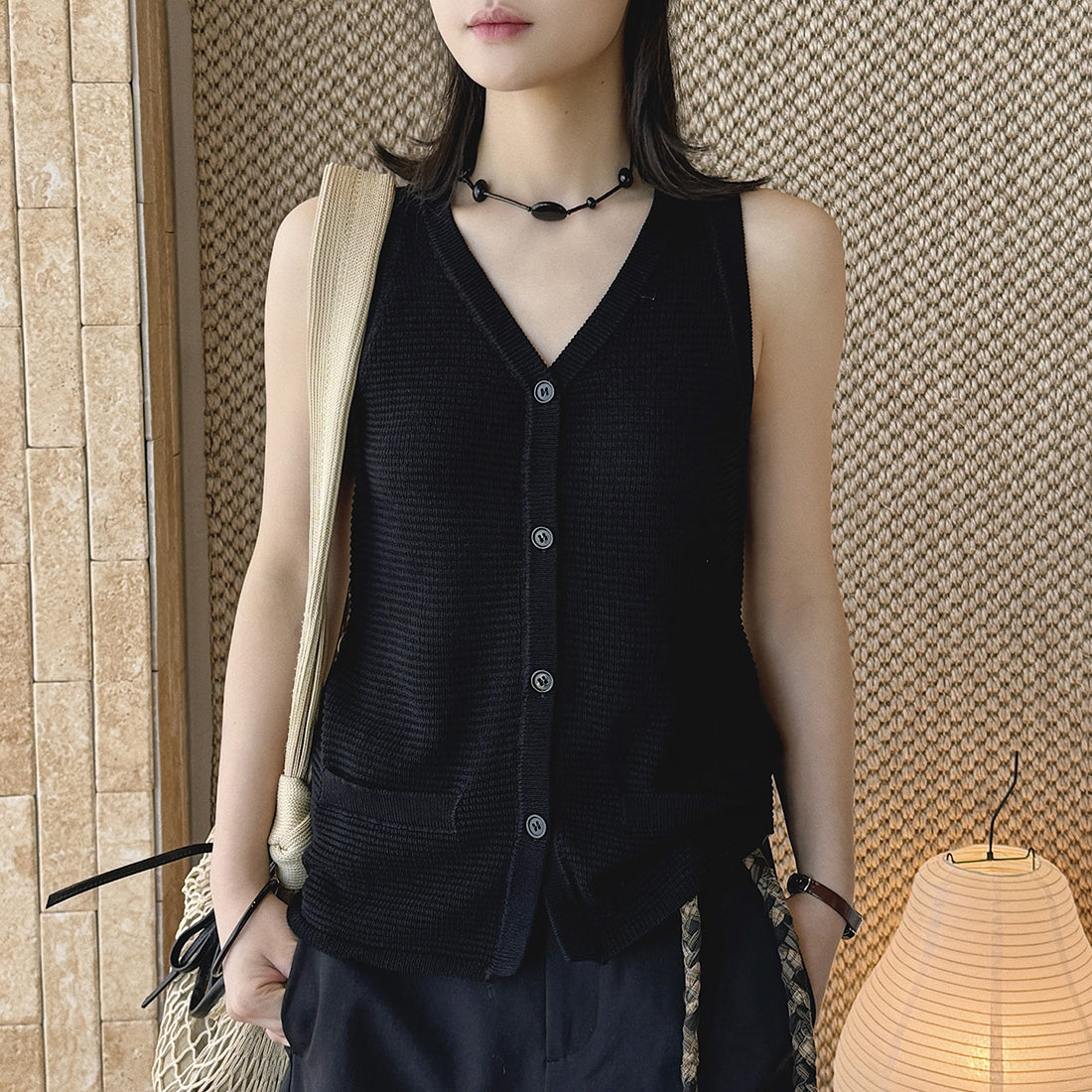 Sleeveless V-Neck Knit Button Vest Top