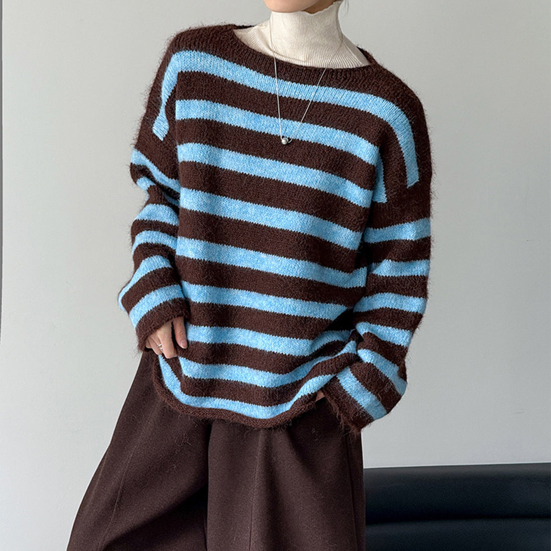 Striped Colorblock Long Sleeve Crewneck Sweater