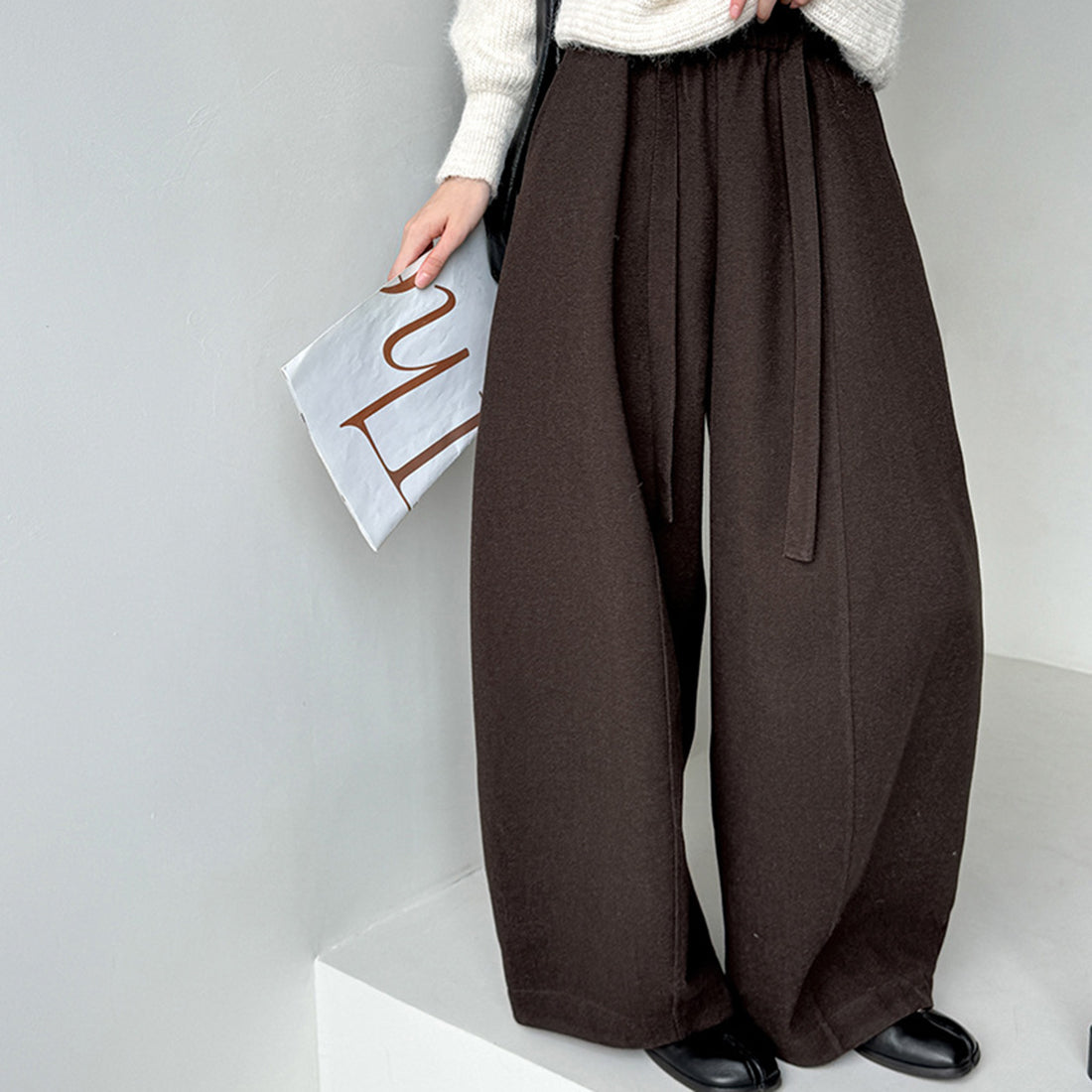 Retro high waist slimming wide leg casual curved knife pants