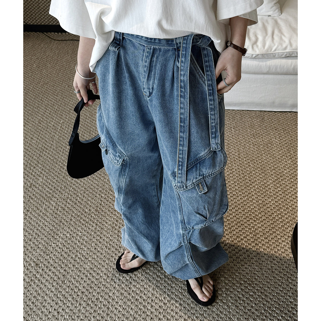 High-Waist Wide-Leg Denim Pants with Utility Pockets