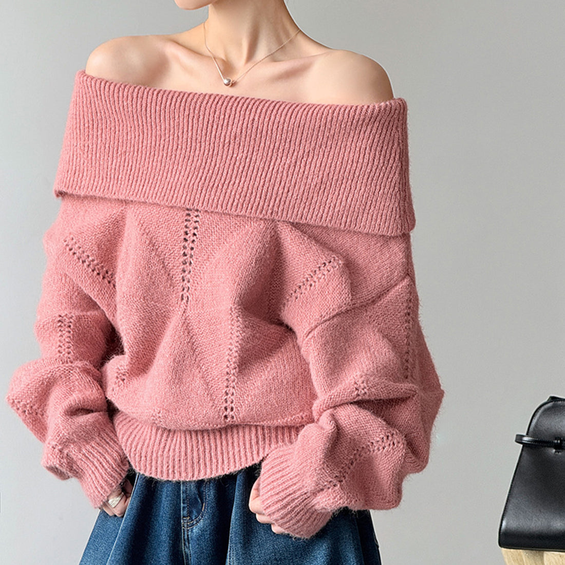off shoulder lapel knitted loose top sweater