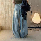 Women’s Vintage Washed Distressed Wide Leg Denim Jeans