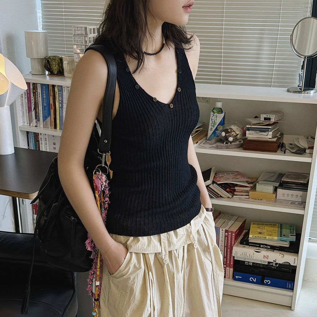 V-Neck Ribbed Knit Tank Top with Button Detail