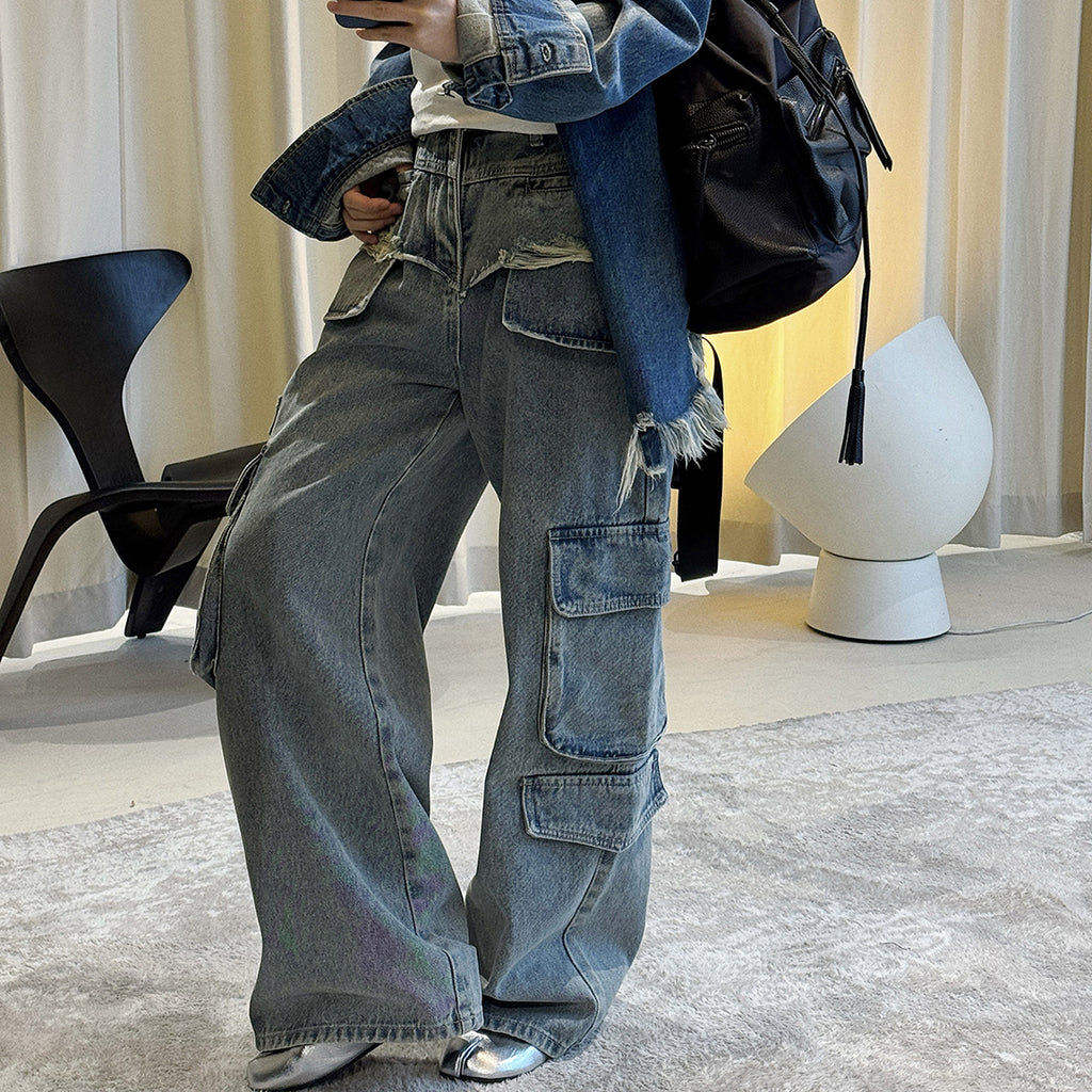 Retro ripped multi pocket loose silhouette jeans