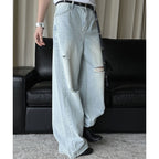 High waisted washed ripped straight leg jeans