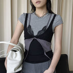 Retro INS style lace fake two-piece stacked T-shirt top