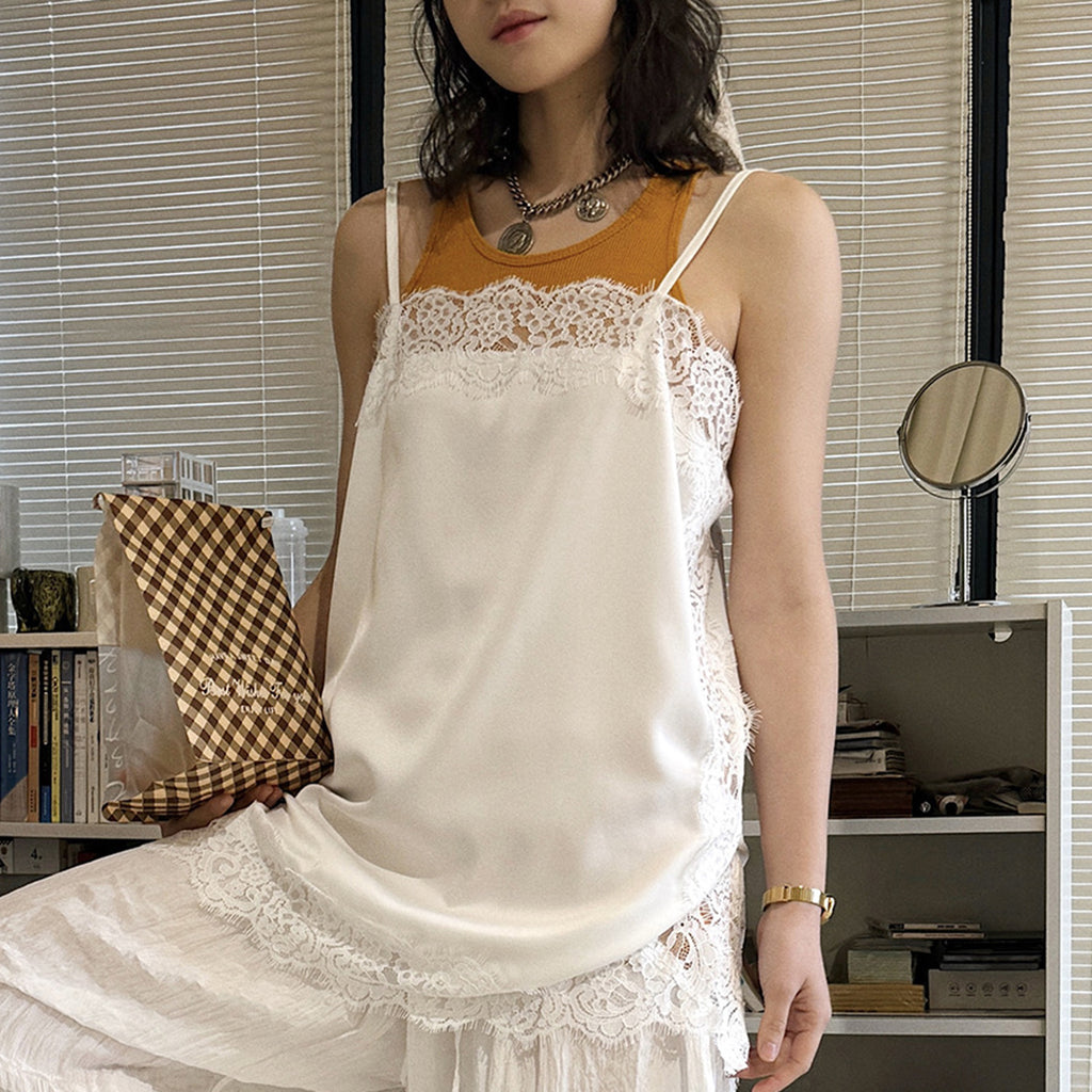 Lace trim cami top with silky stretch fabric for layering or solo wear