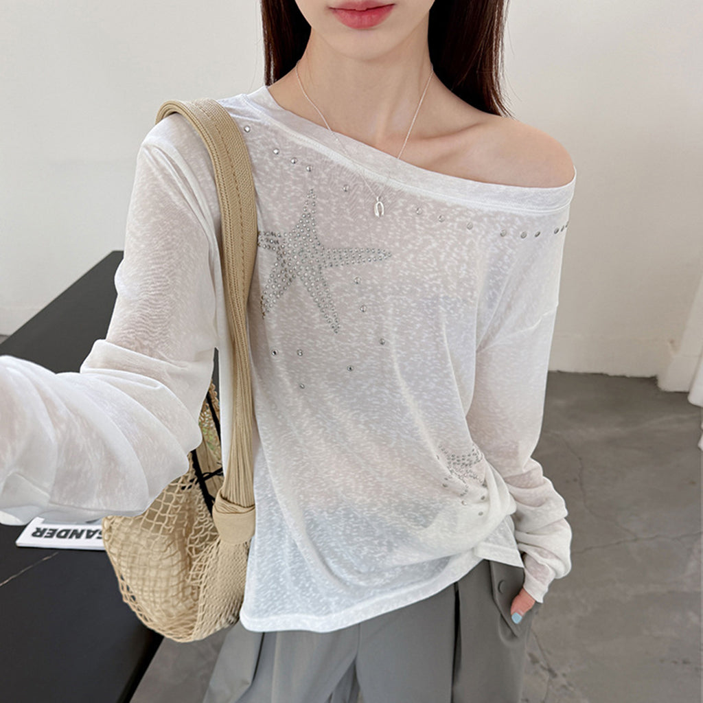 Women’s Star Rhinestone Off-Shoulder Sheer Long-Sleeve Top