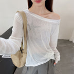 Women’s Star Rhinestone Off-Shoulder Sheer Long-Sleeve Top