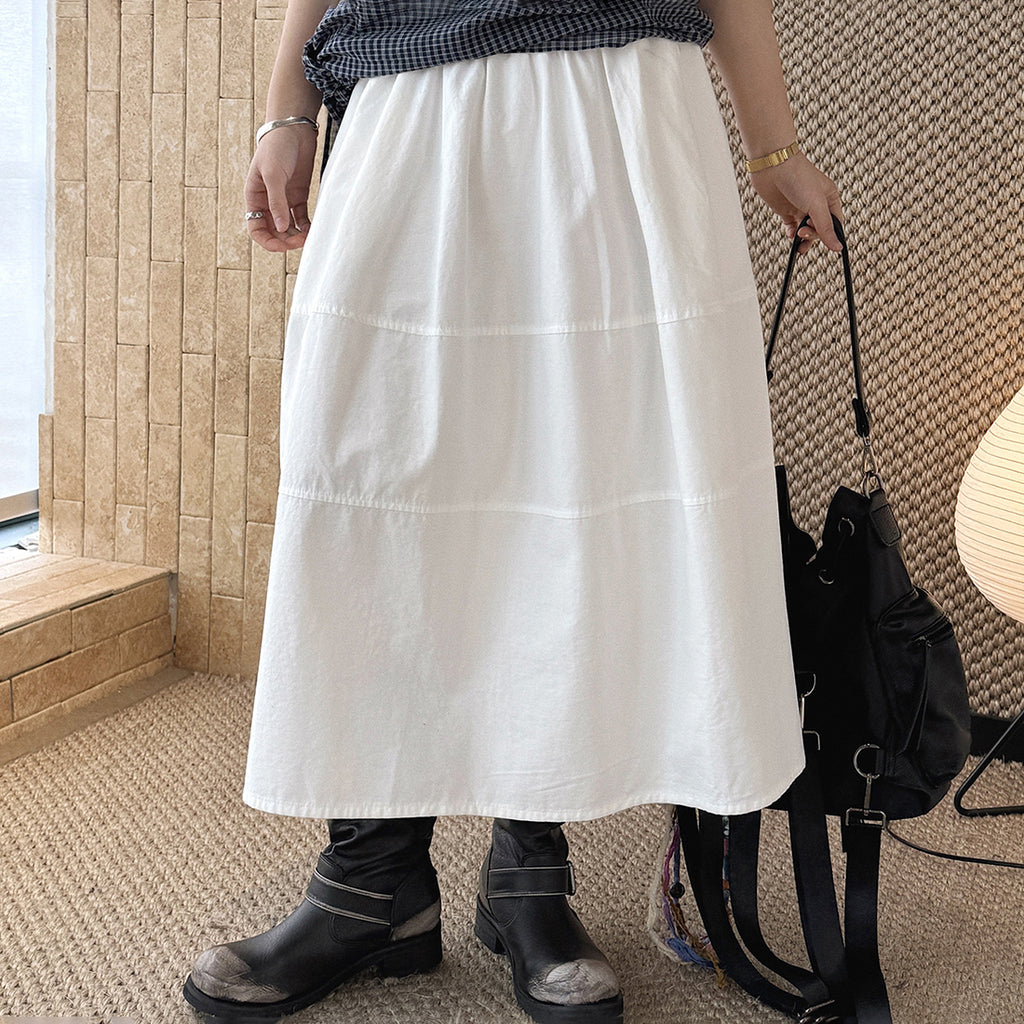 long skirt high waist elastic waist cotton a line midi skirt loose casual solid color skirt