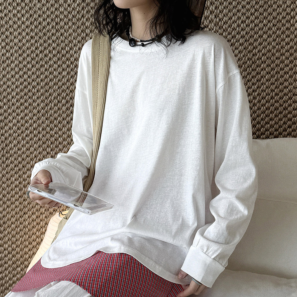 loose fit long sleeve t shirt basic cotton blend crew neck casual top