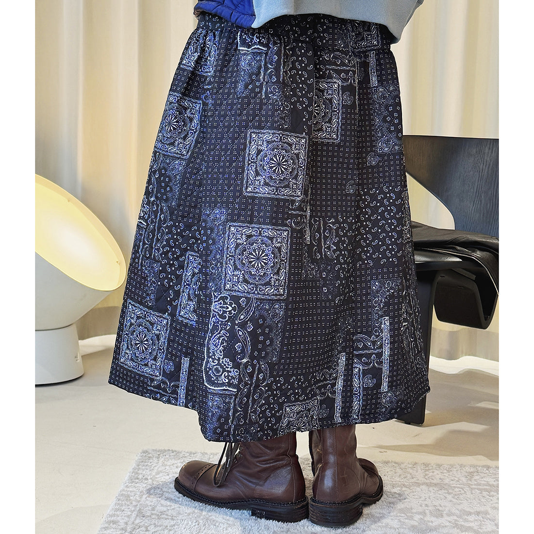 Retro Cashew Flower Splicing Elastic Waist Loose Skirt