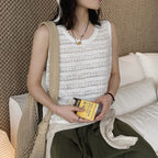 Women’s Sleeveless Openwork Knit Tank Top with Textured Hem