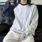 Color blocking striped patchwork round neck loose T-shirt top