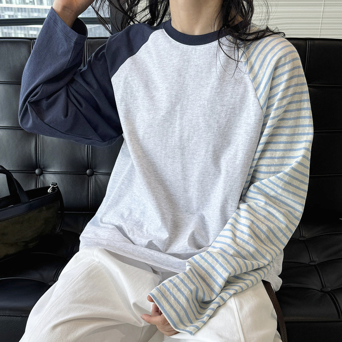 Color blocking striped patchwork round neck loose T-shirt top