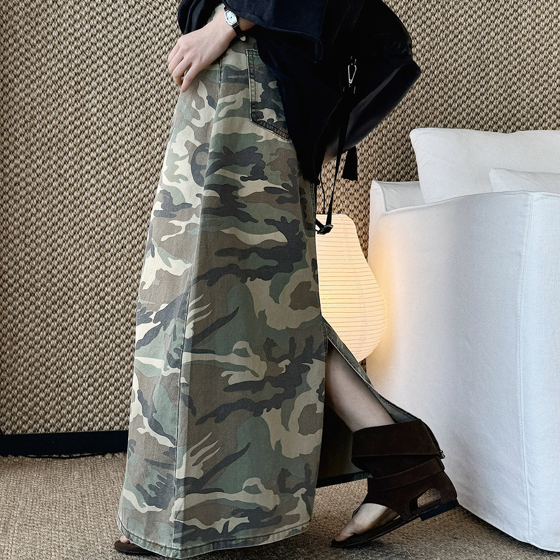 Camo long skirt women high waist vintage A-line maxi skirt