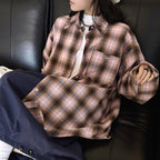 Vintage pink plaid oversized cotton shirt women loose casual long sleeve blouse