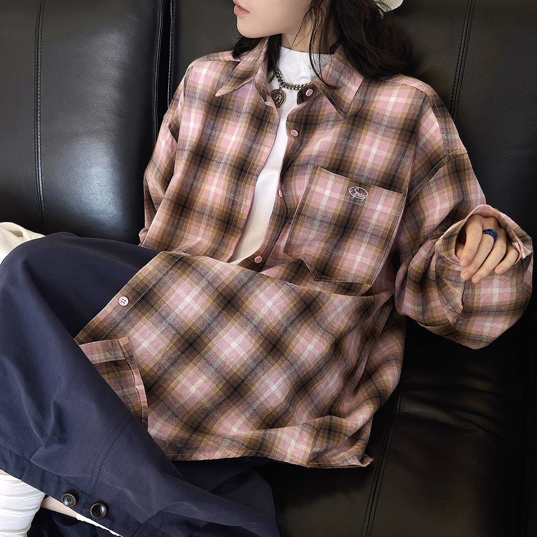 Vintage pink plaid oversized cotton shirt women loose casual long sleeve blouse