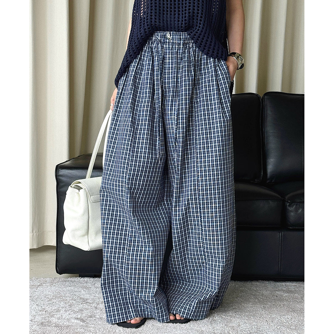 Color blocking plaid splicing casual elastic drawstring pants