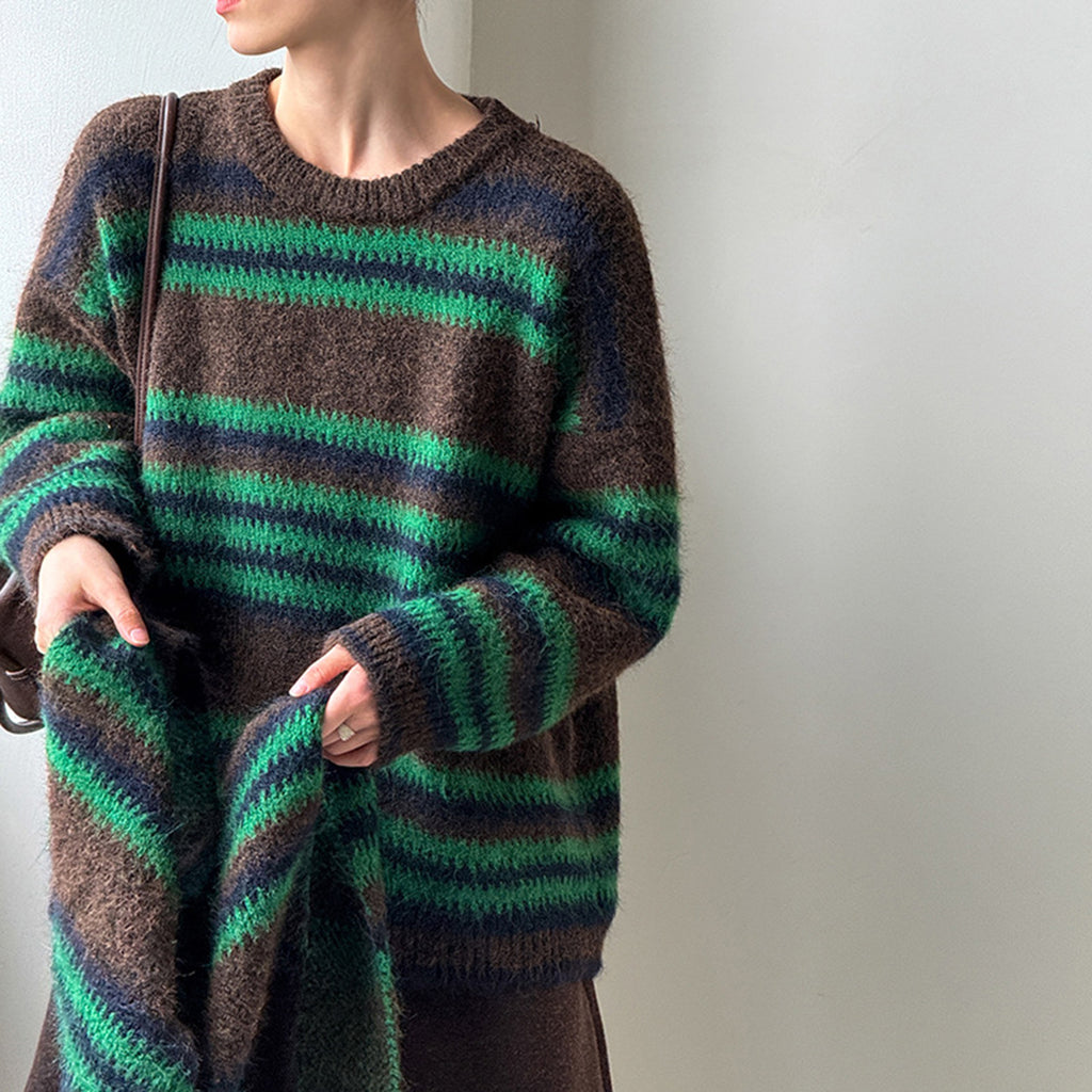 Loose retro contrasting striped sweater with shawl