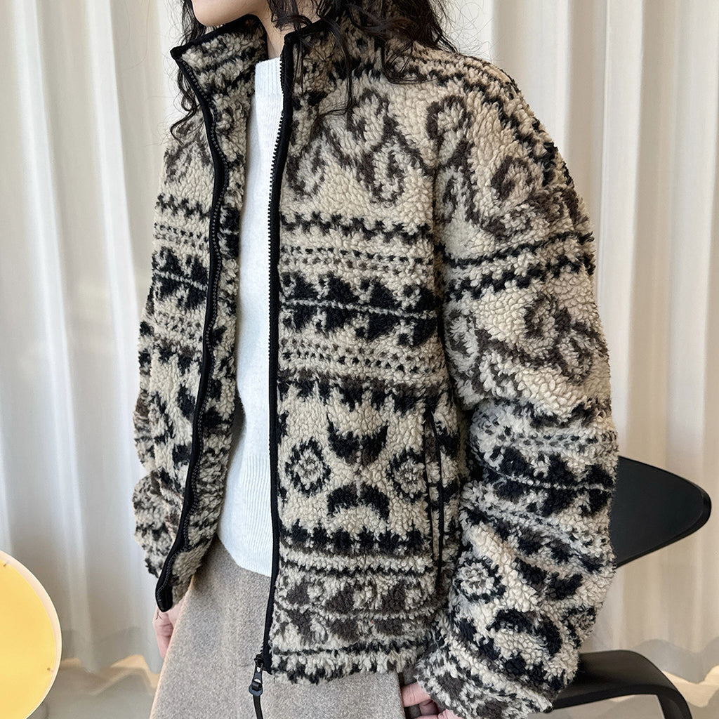 Retro Rolled Leaf Jacquard Lamb Fur Stand-Up Collar Thermal Fluffy Thick Coat