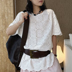 embroidered eyelet blouse loose fit cotton short sleeve lace top hollow out shirt