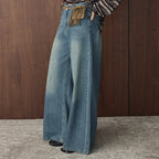 Retro washed loose micro flared jeans with belt