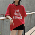 Round neck letter printed shoulder loose T-shirt top