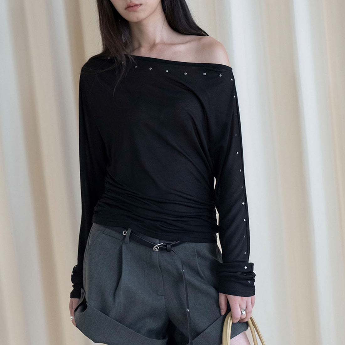 One shoulder rivet splicing sun protection T-shirt sun protection top