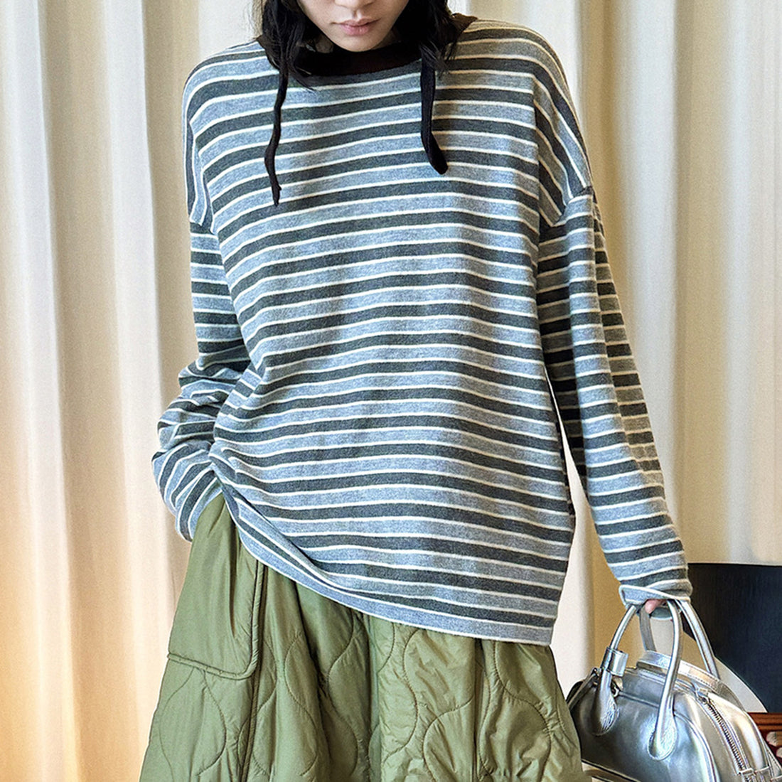 Color blocking round neck striped loose T-shirt