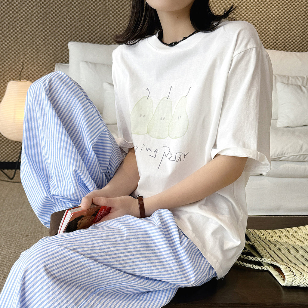 Oversized Spring Pear Graphic Cotton T-Shirt