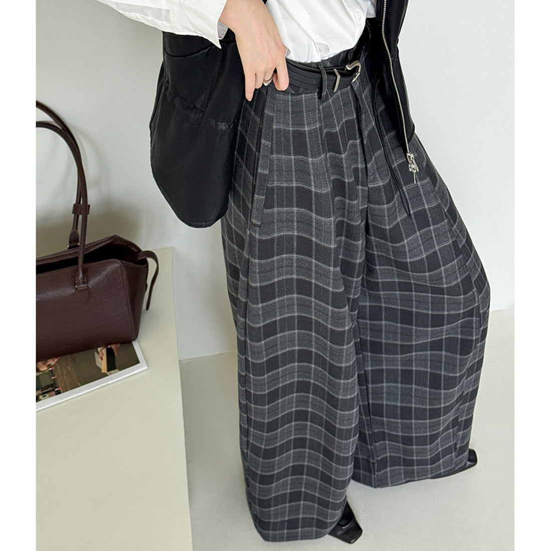 High waisted casual loose plaid wide leg pants