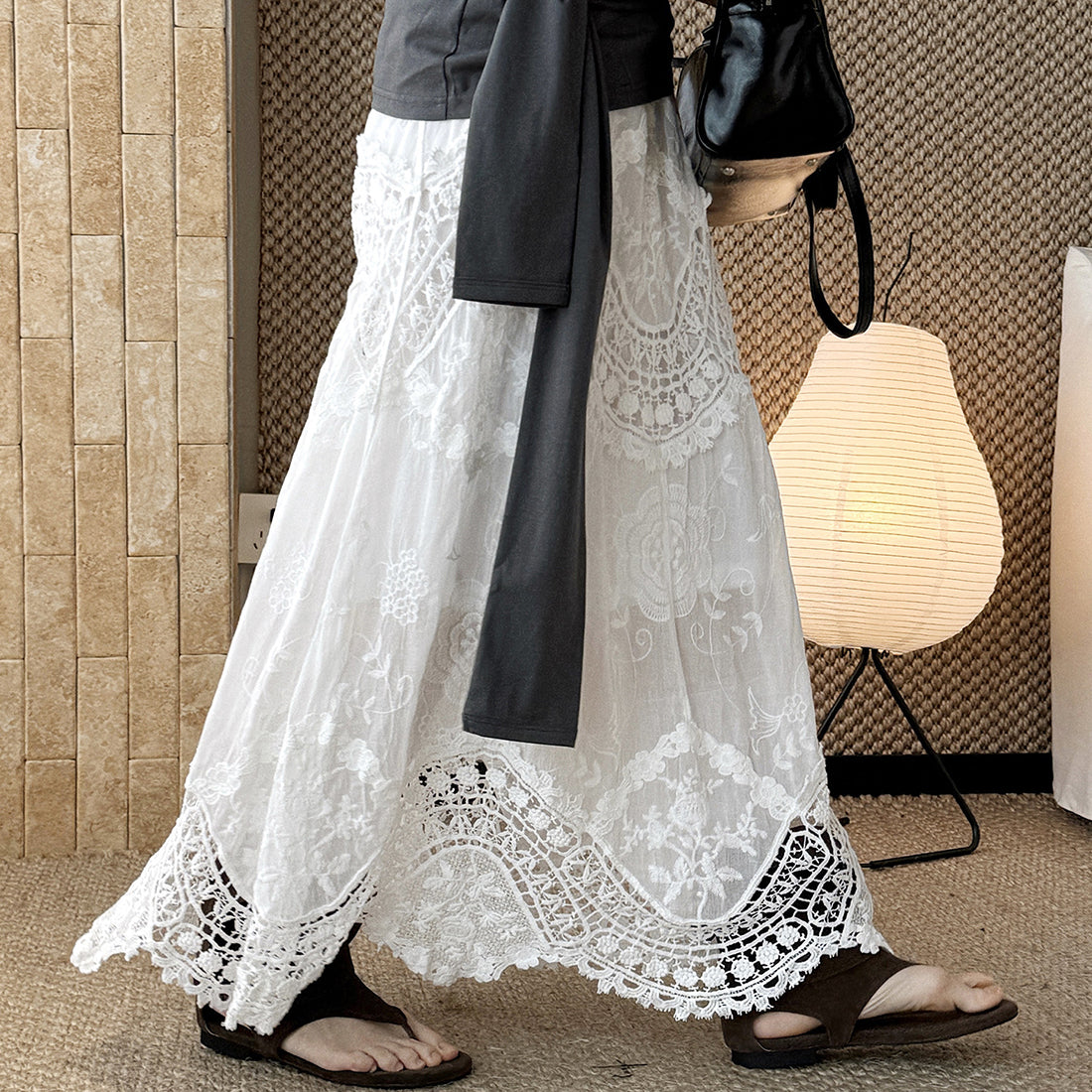 Boho lace embroidered maxi skirt with flowy silhouette and soft lining