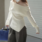Slanted shoulder irregular strap spliced sweater top