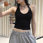 Halter Neck Fitted Tank Top with Buckle Strap Detail