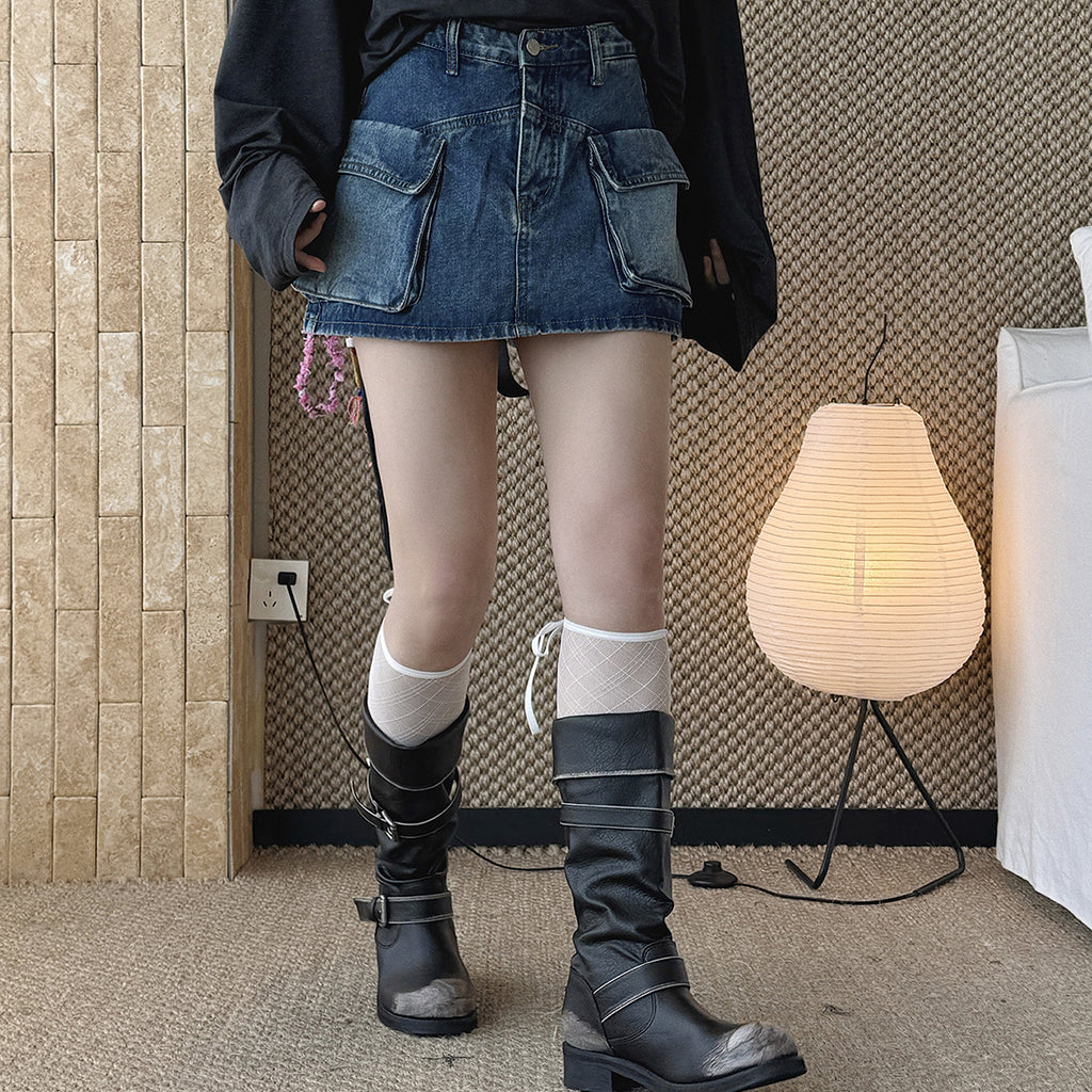 Denim Utility Skirt with Front Pockets - High Waist, Casual Fit