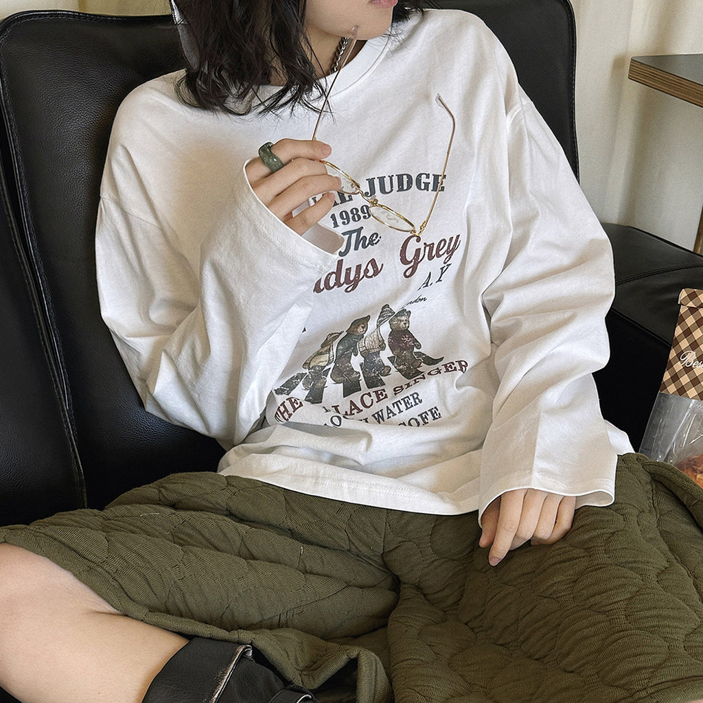 Retro teddy bear letter printed loose long sleeved T-shirt