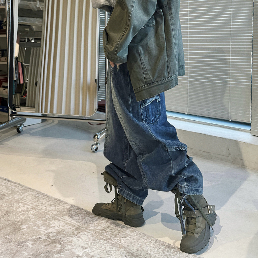 Retro pocket patchwork ripped loose jeans